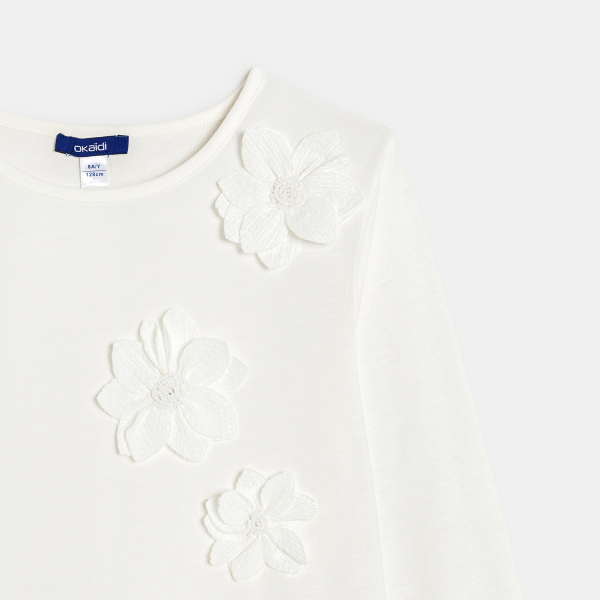 تيشيرت بأكمام طويلة، باللون الأبيض، مُزيَّن بالزهور، للفتيات